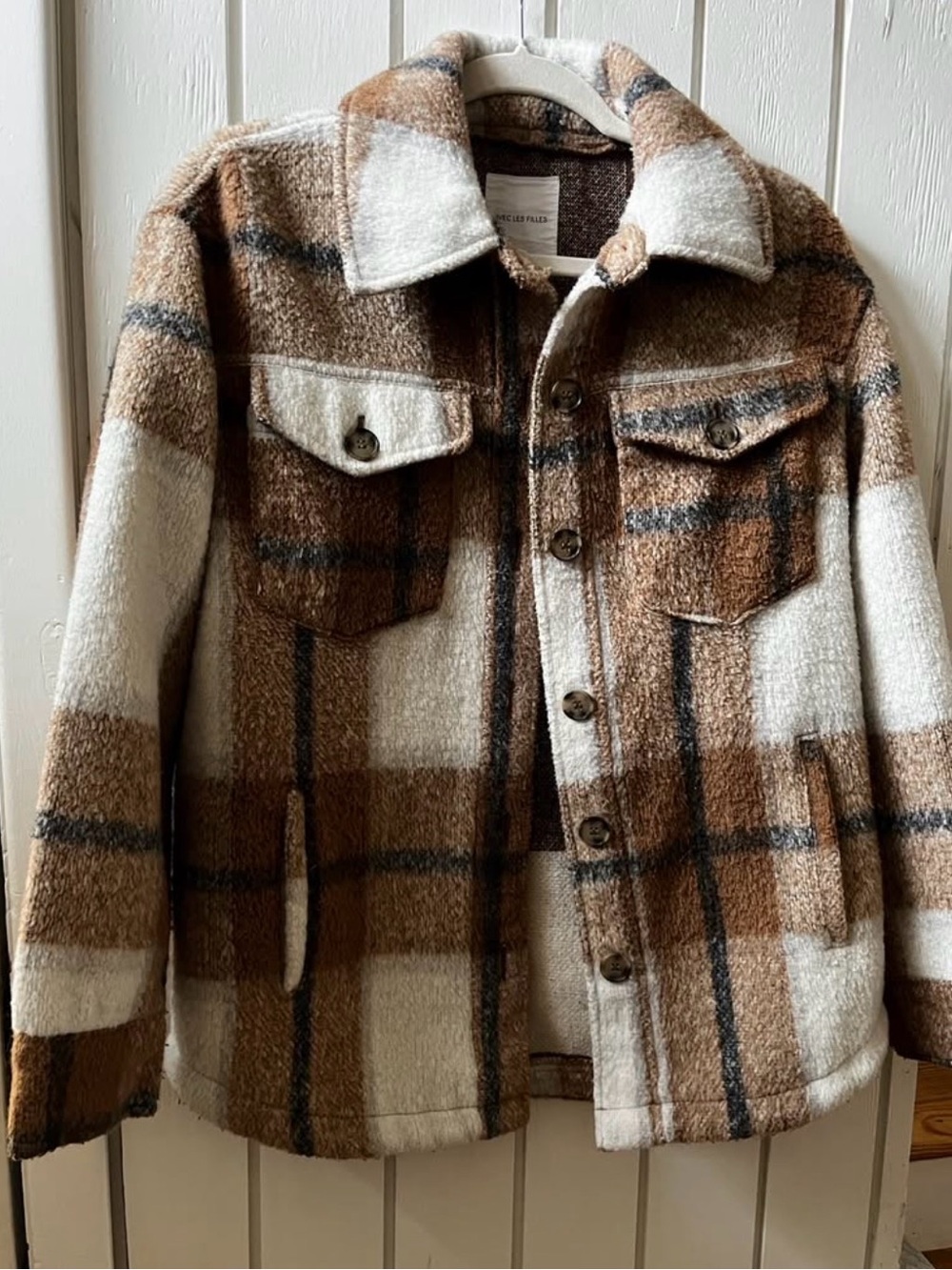 Avec Les Filles Brown and Cream Plaid Sherpa Shirt Jacket - Picture 5 of 7